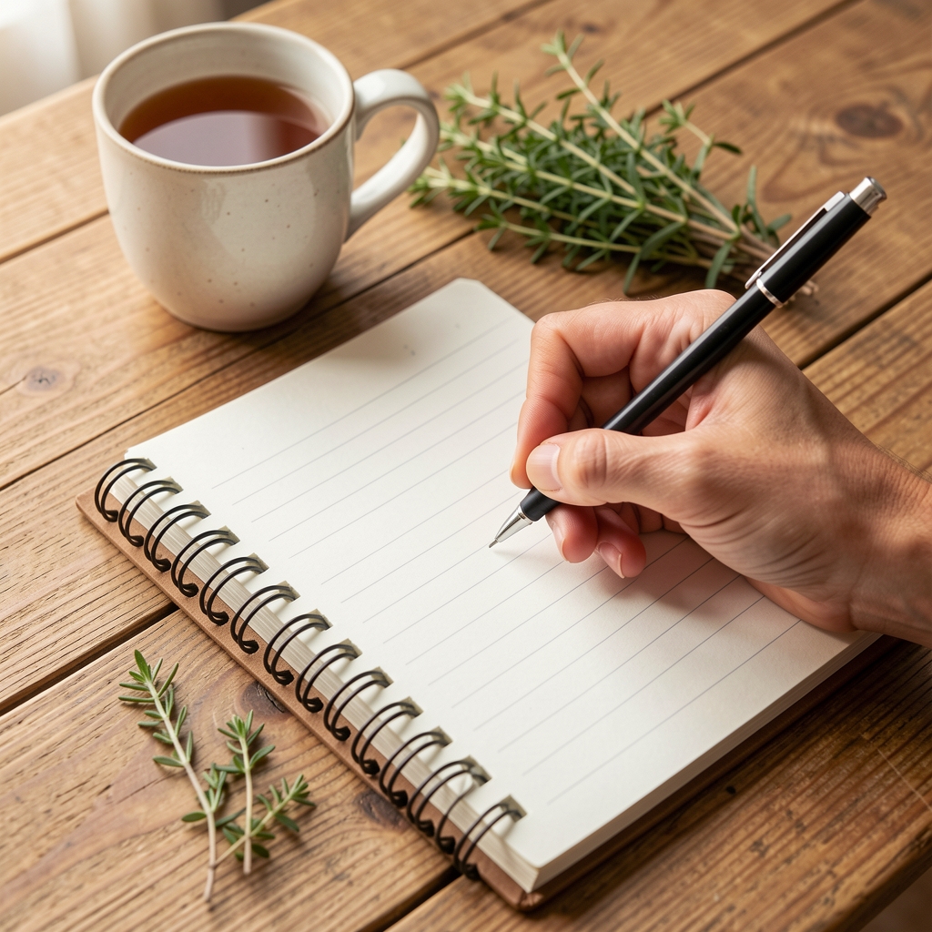 Close-up of a hand writing notes in a spiral-bound food journal on a wooden table next to a cup of tea and a small bunch of fresh herbs
